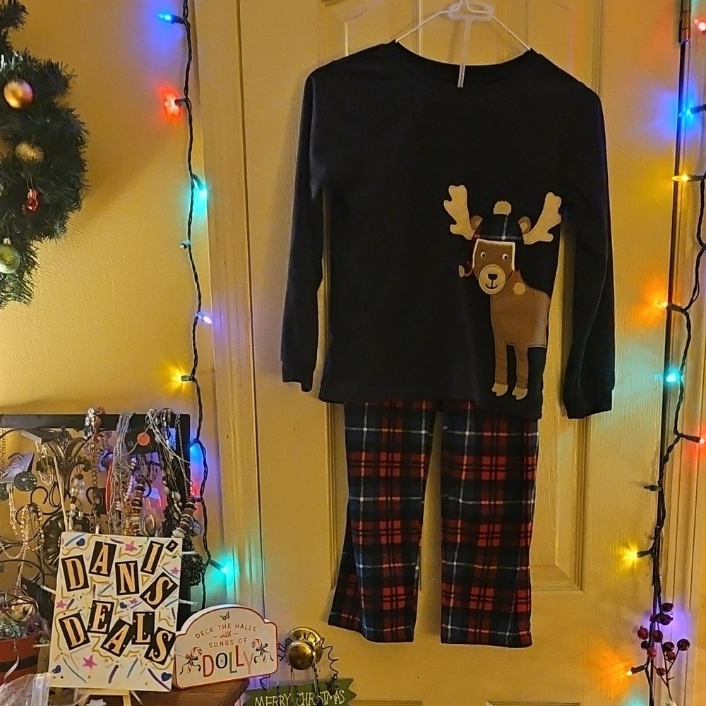 Worn Once-Carter's Navy and Red Plaid Fleece Moose Pajama Set